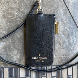 New KATE SPADE Staci Black Leather Card Case Lanyard WLR00139 $99